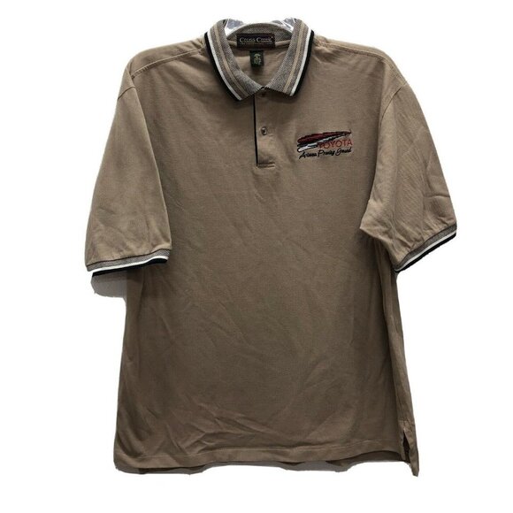 TOYOTA Mens XL X-Large Tan Arizona Proving Ground Polo Shirt Cross Creek